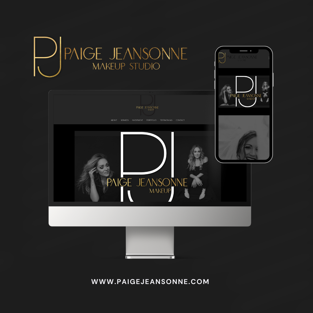 A computer and smartphone displaying the website for Paige Jeanson, a makeup studio, with her logo and photos of her, on a black background with gold and white text.