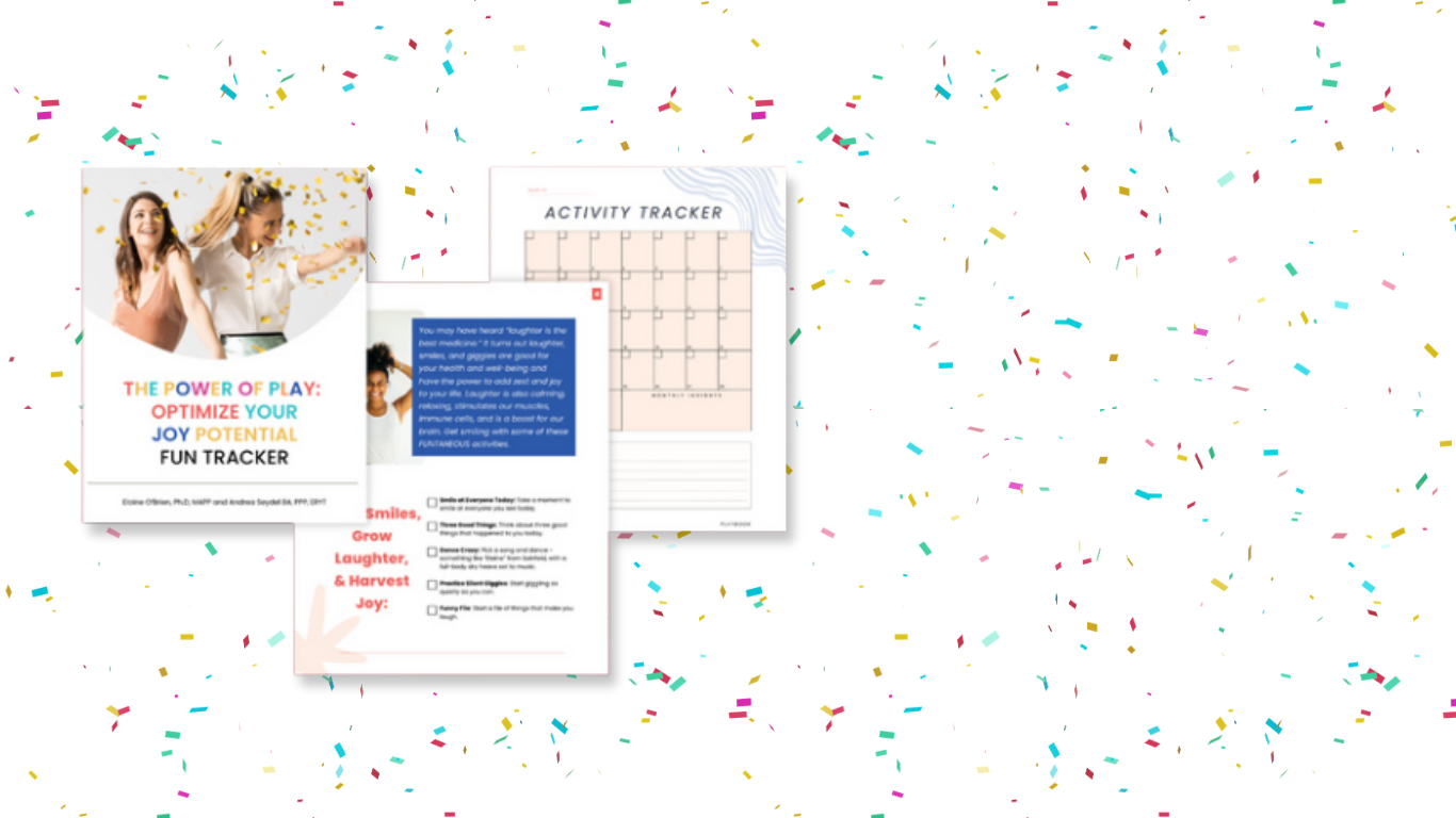 Colorful confetti background with a promotional flyer for a fun activity tracker titled "The Power of Play." The flyer features two women celebrating with confetti, and it promotes optimizing joy and potential through play, with sections for tracking and activities.