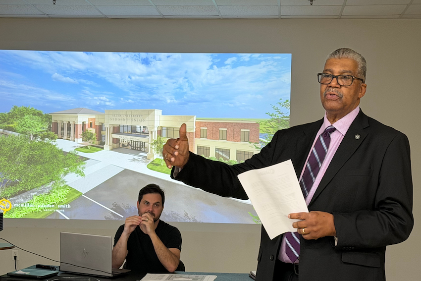 Allen University President Dr. Stanley J. Pritchett, Sr., presents a rendering of the renovated Willie H. Johnson Student Center.