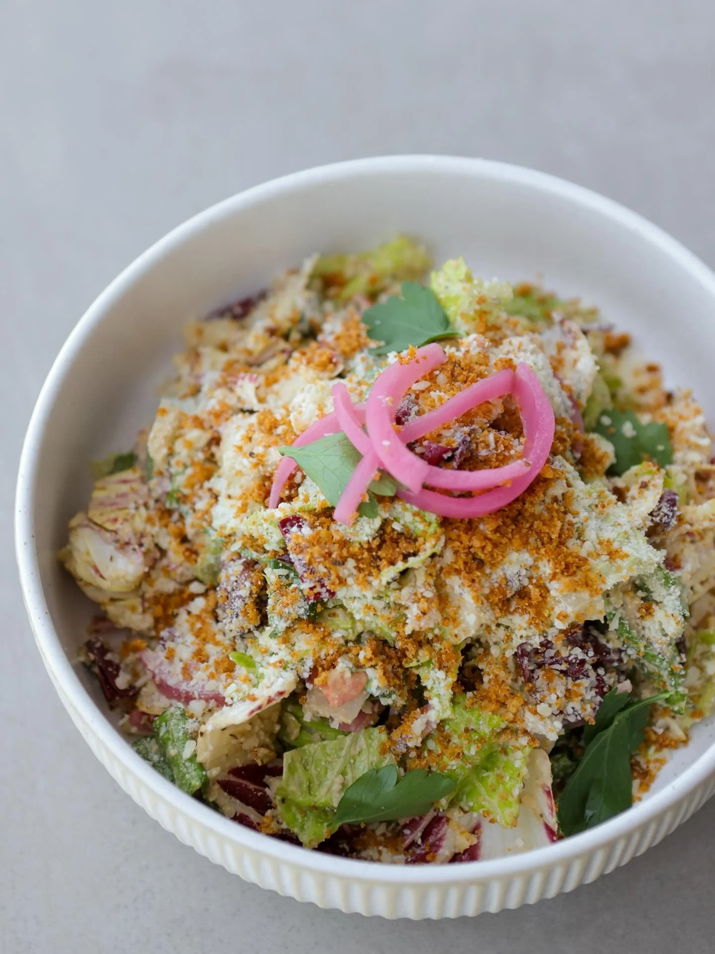 Romaine Chicory Caesar Salad 🥬 

Parmesan, Focaccia Breadcrumb, Pickled Parsley, Black Pepper Caesar Dressing.