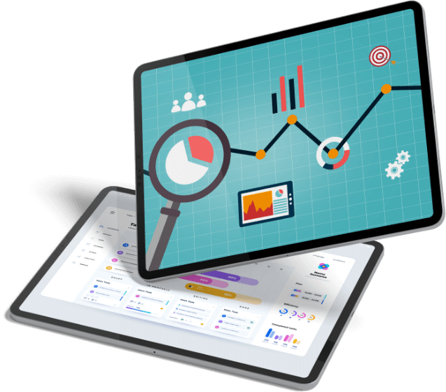 Digital illustration of a tablet and a monitor displaying analytics and data charts, with magnifying glass highlighting a pie chart and various data visualizations.