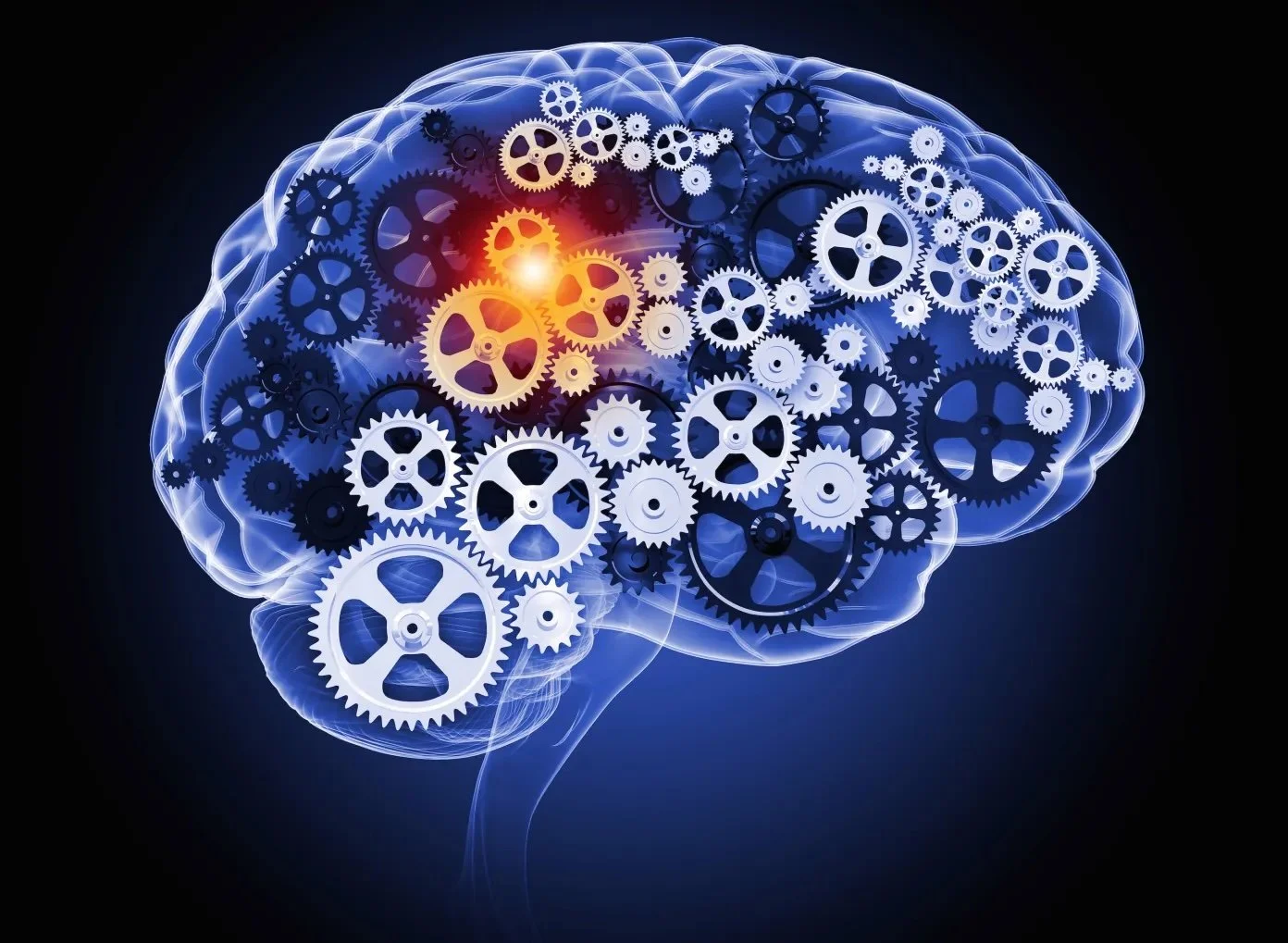 Digital illustration of a human brain composed of interconnected gears and cogs, with glowing light at the center, symbolizing artificial intelligence or machine learning.