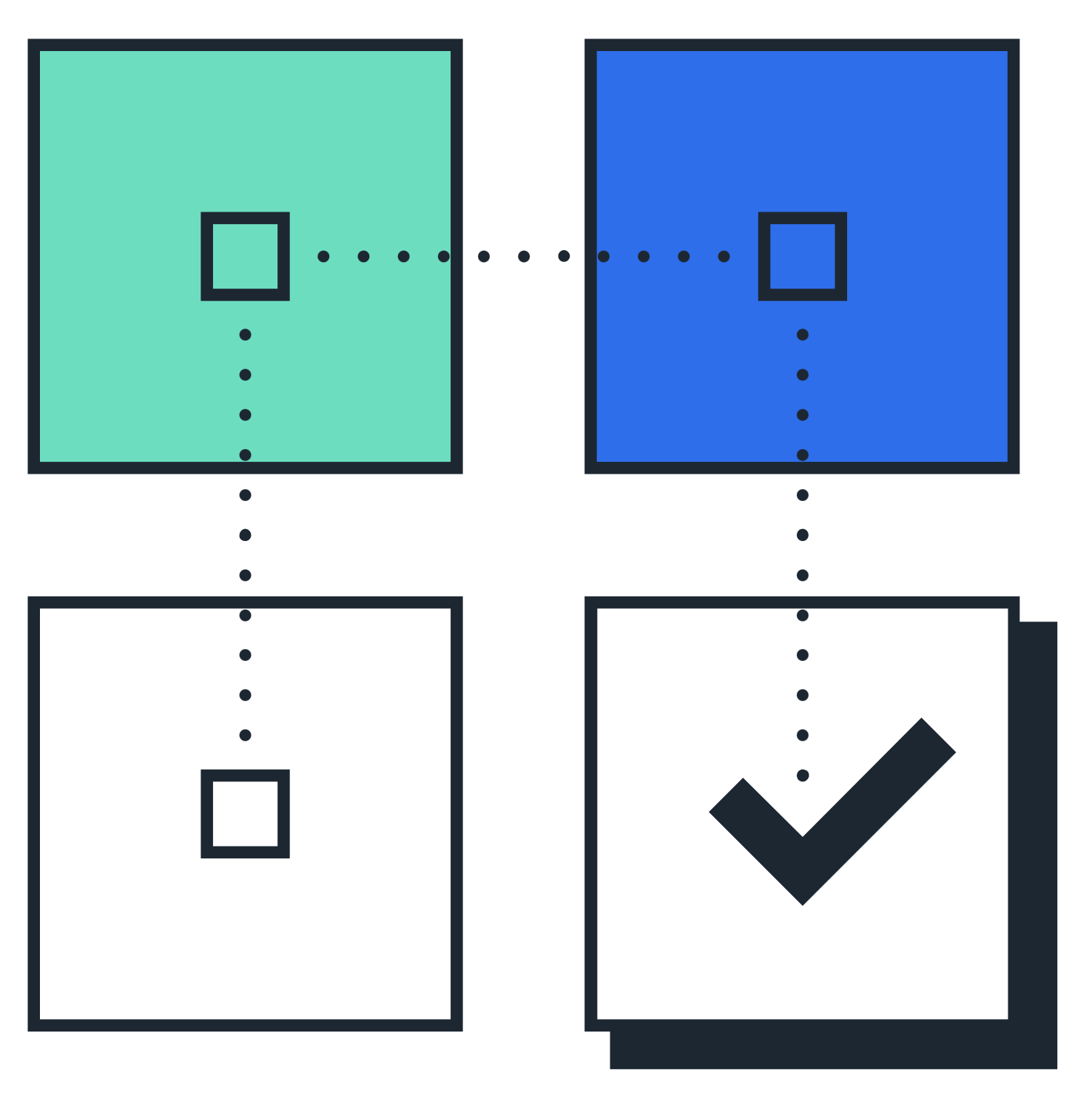 Four diagrams showing checkboxes with different marks; the top left is filled with teal, the top right is filled with blue, the bottom left is empty, and the bottom right has a black checkmark.