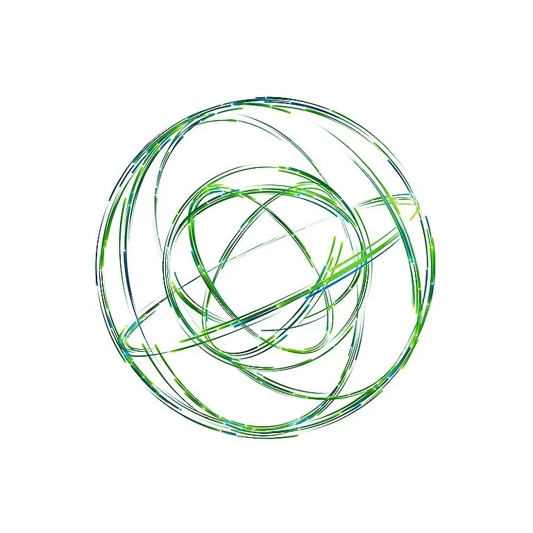 Abstract digital illustration of a spherical shape made of intertwined green and blue lines.