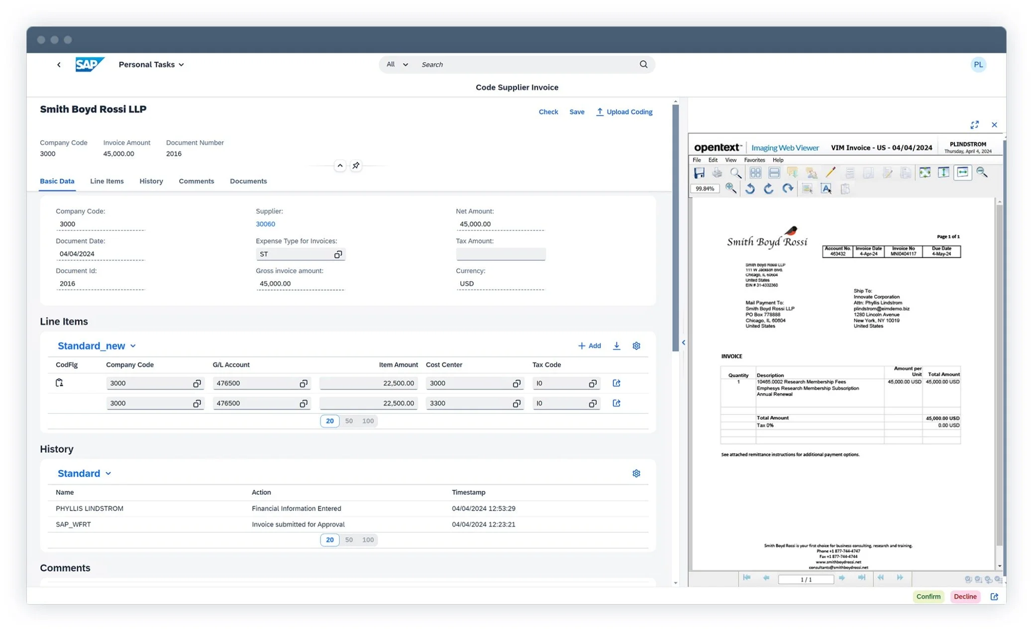 Screenshot of an SAP software interface displaying a supplier invoice form for Smith Boyd Rossi LLP with invoice details, line items, and a preview of the invoice document.