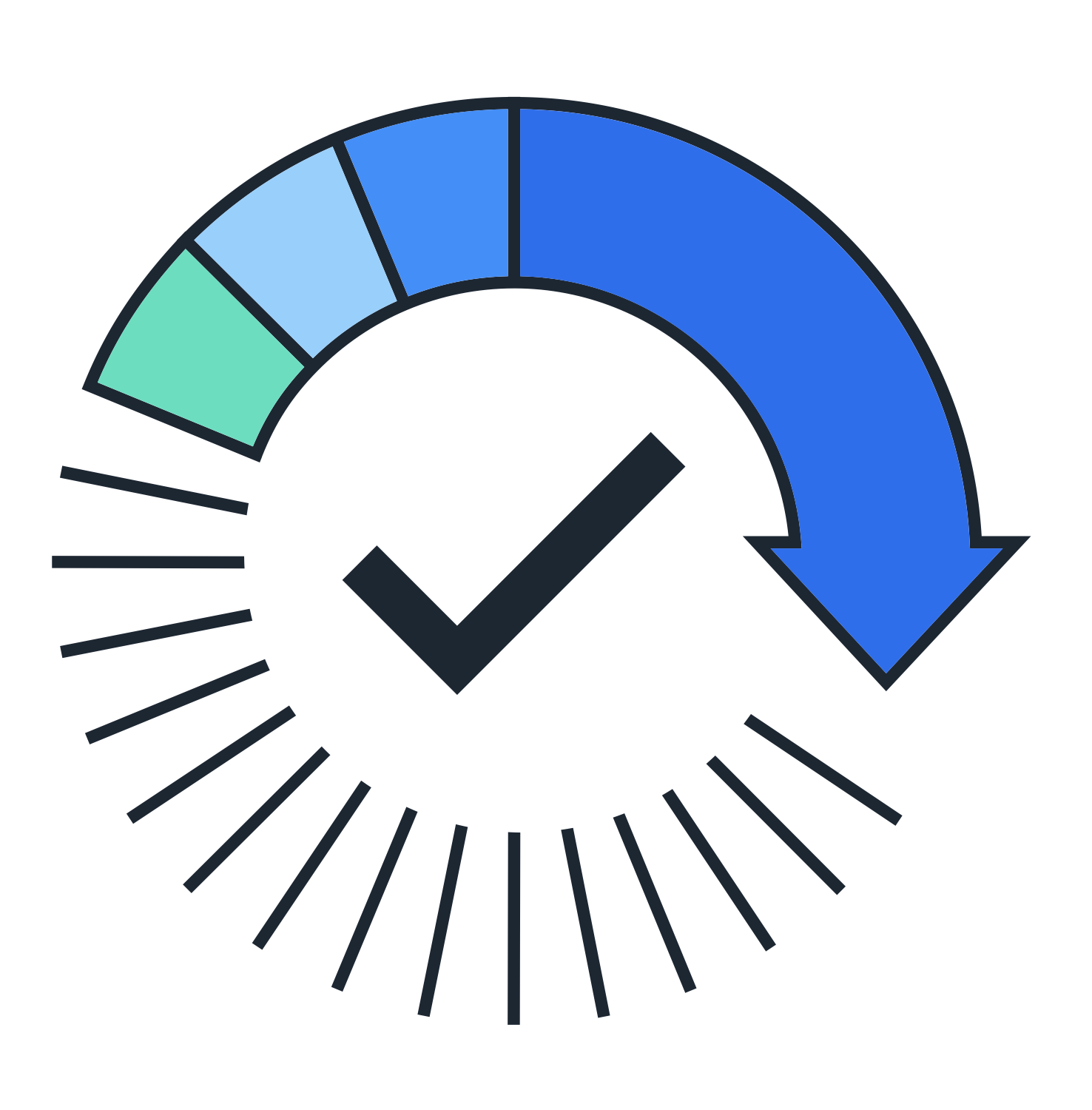 Speedometer gauge with a checkmark and arrow indicating progress or performance.