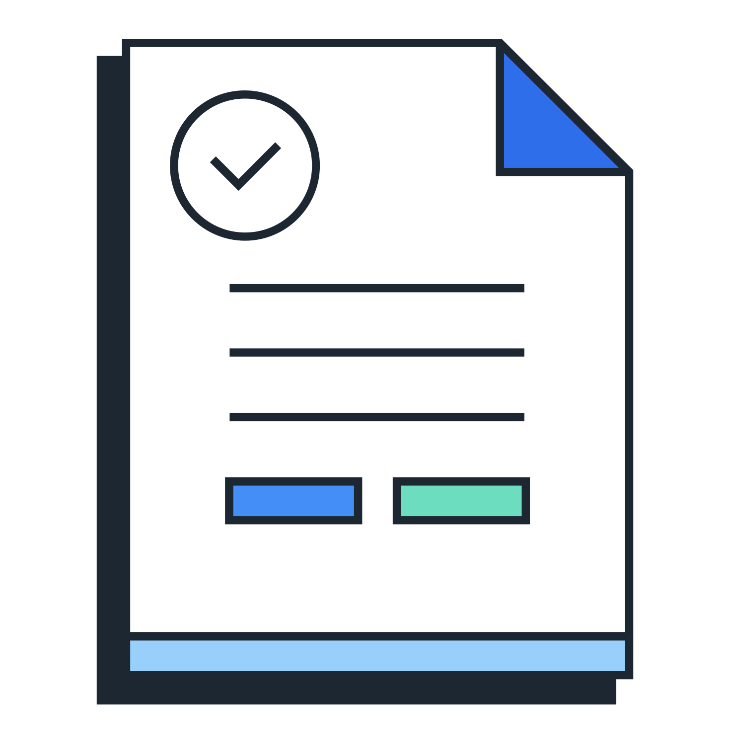 Illustration of a document with a checkmark inside a circle, with two colored rectangular buttons below and a blue folded corner.