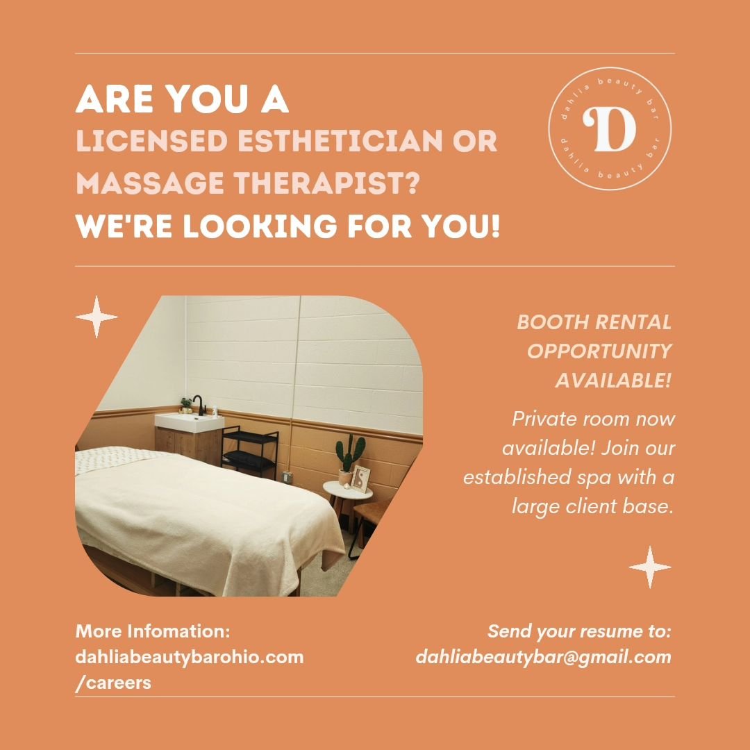 ✨️🌵 Attention Northwest Ohio Esthies/Massage Therapists 🌵✨️

Dahlia Beauty Bar is seeking a licensed professional to join our beauty bar! If you are passionate about holistic beauty and dedicated to providing exceptional service, we invite you to r