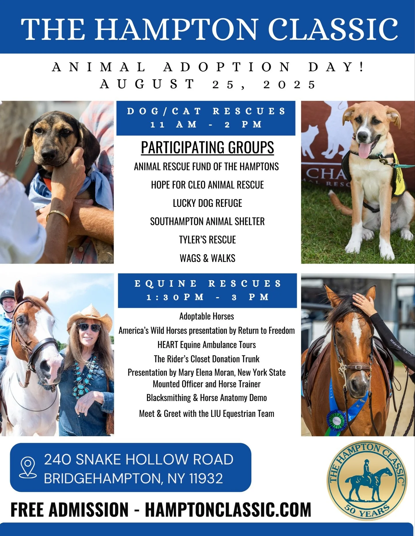 Today is the Hampton Classic Animal Adoption Day 🐾🐶

📅 Today, Monday, August 25th | 11 AM &ndash; 2 PM
📍 240 Snake Hollow Road, Bridgehampton, NY

Come meet some of our adoptable pups, shop Hamptons-exclusive Wags merch, and learn more about how 