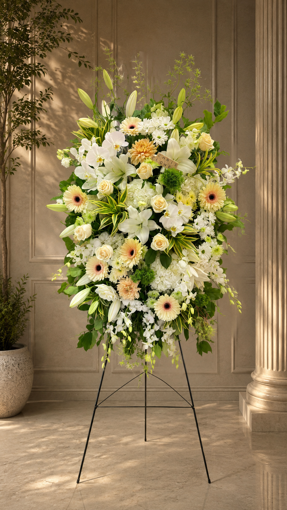 A large floral arrangement with white lilies, roses, gerbera daisies, and other white flowers, set on a black stand, in an elegant indoor setting with a marble floor, decorative wall panels, and a potted plant.