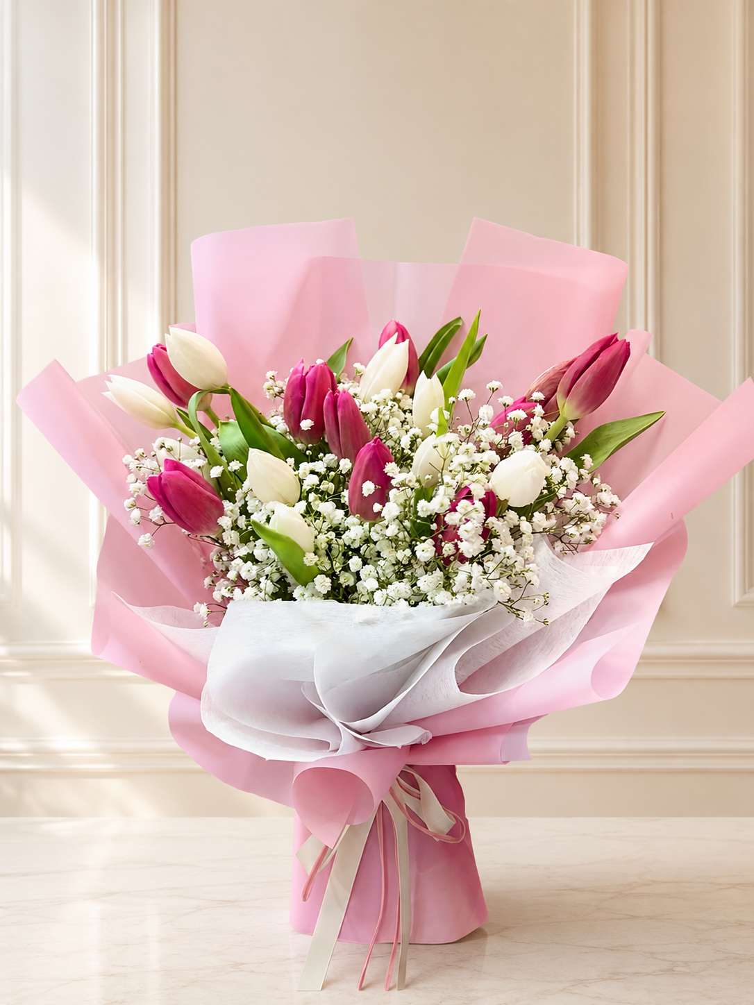 Pink & White Tulip Elegance Bouquet (Seasonal)
