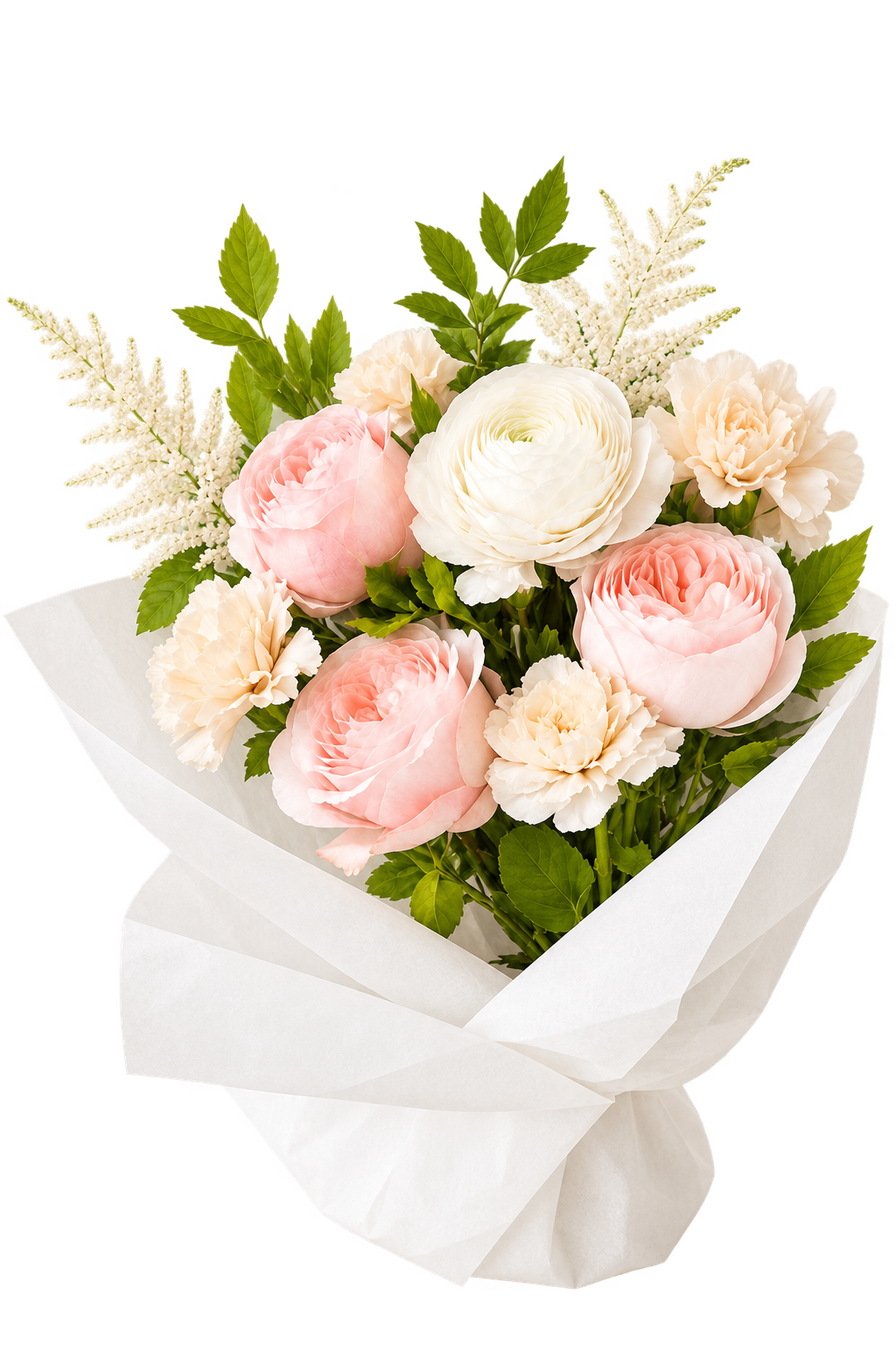 A bouquet of pink and white peonies and cream-colored carnations with green leaves, wrapped in white paper.