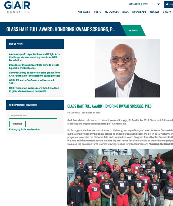 GAR Foundation: Glass Half Full Award, Honoring Kwame Scruggs, Ph.D