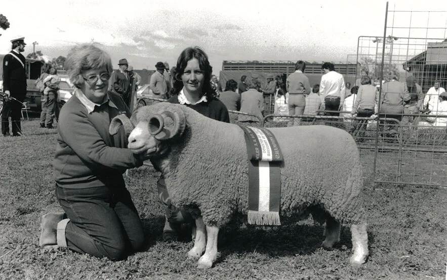 Champion Dorset Horn Ram pictured with Anne and Mary Burzacott at Gawler Show 1985.