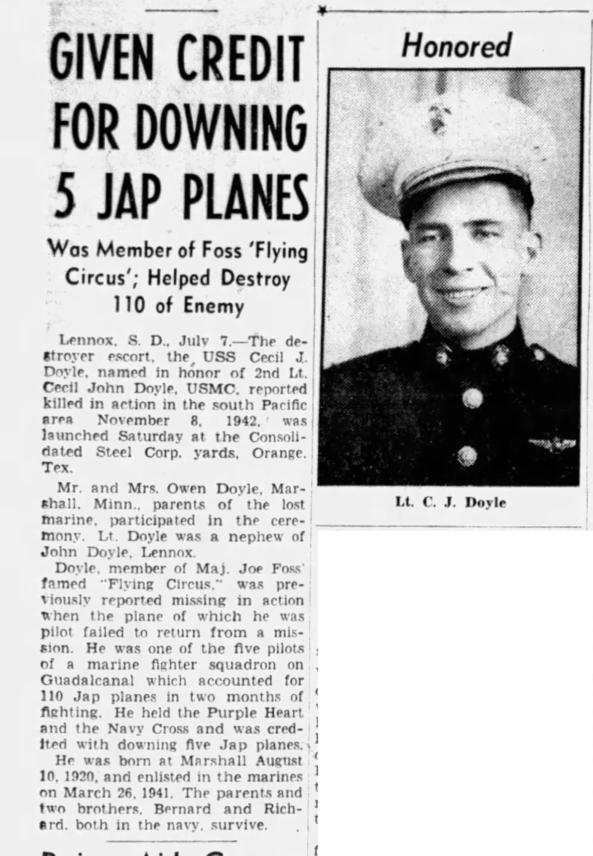 Article about Cecil J. Doyle. Photo from Missing Marines. 