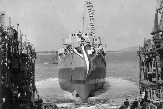 JOHNSON enters the water for the first time, January 1944. Photo by Bill Gonyo, via Navsource.org