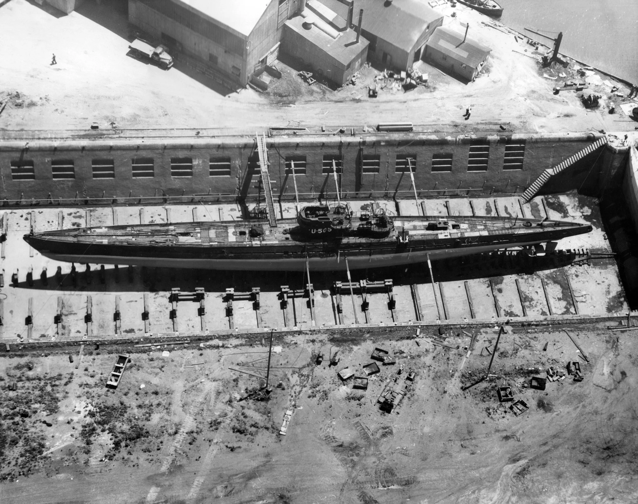 U-505 being prepared for permanent exhibition in Chicago, 1954. 