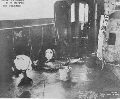 The damaged bridge on SAN FRANCISCO after Guadalcanal. 