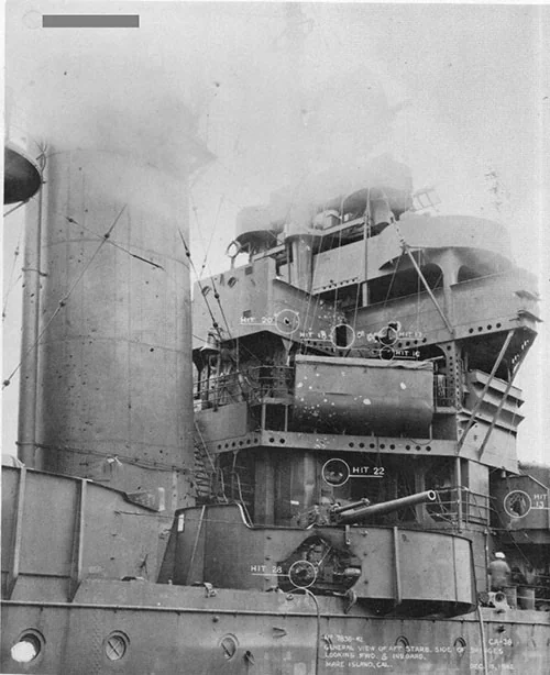 The damaged superstructure on SAN FRANCISCO after Guadalcanal. 