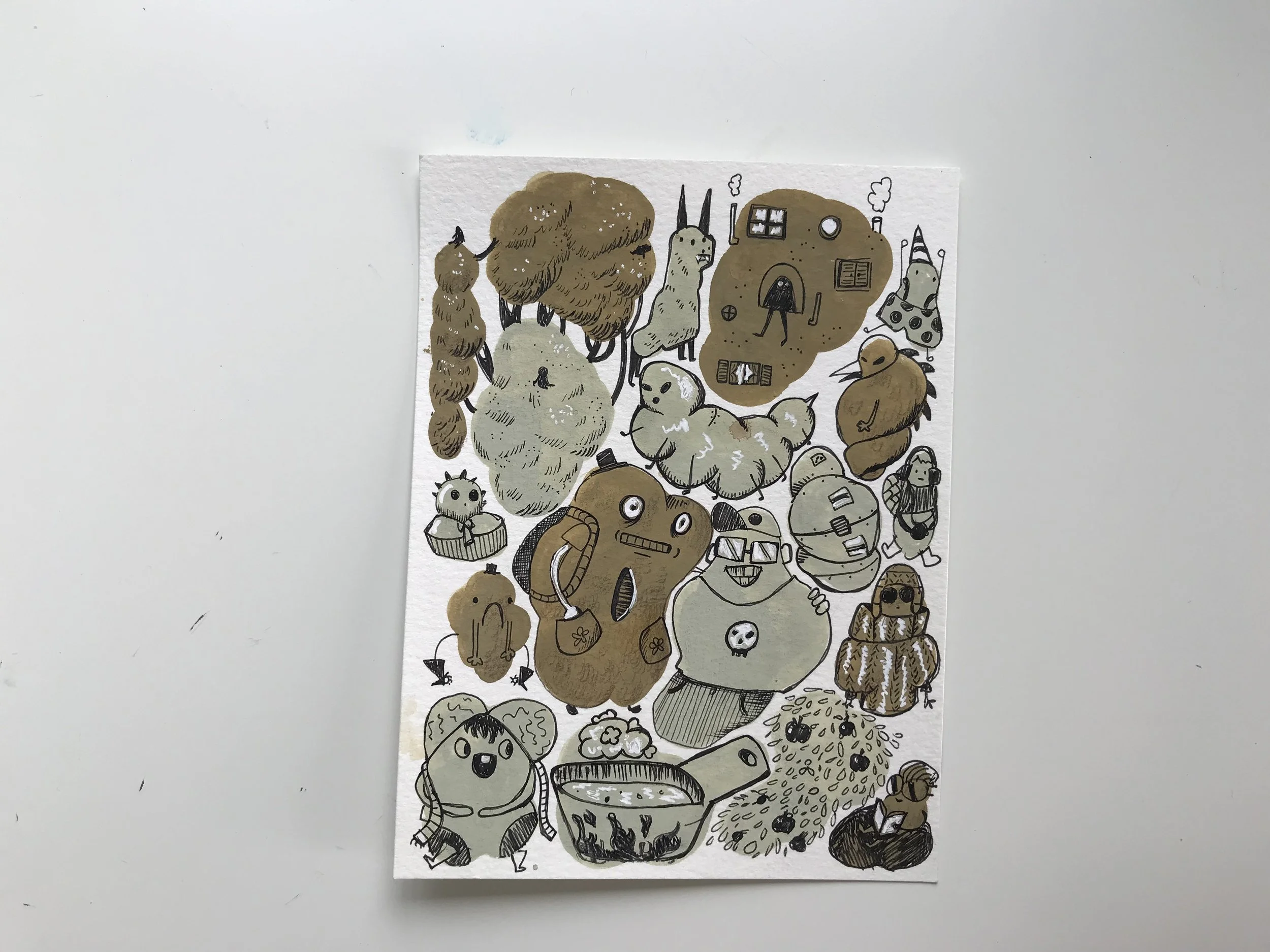 Creatures chilling wall art original gouache pen painting