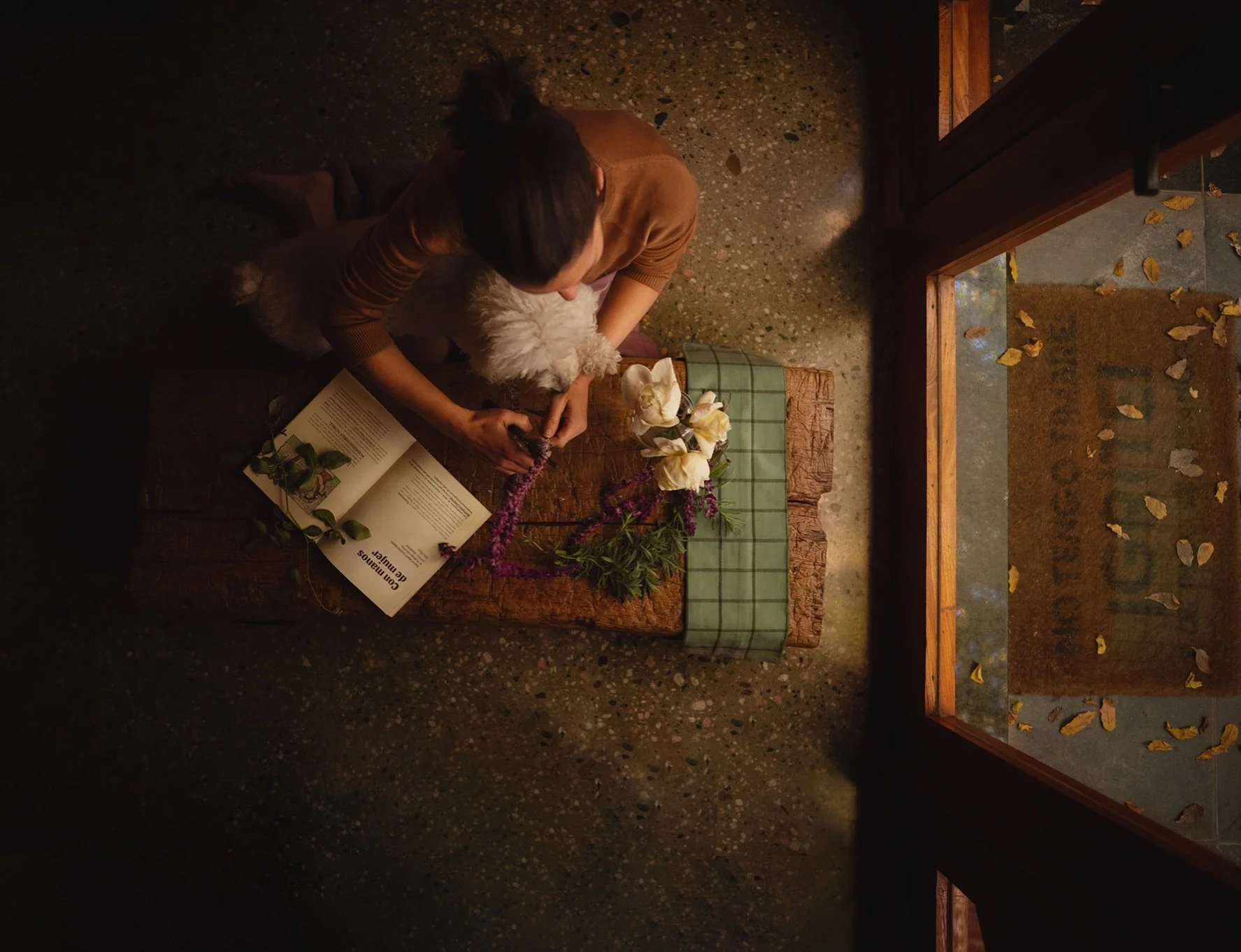 La luz no decora una escena. La elige.

Todo lo que importa habita dentro de ese espacio tonos &aacute;mbar. Mis flores, el libro, mis manos, Coquita con su pausa.

Pero hay algo que quizas te perdiste.

La belleza del violeta de esas salvias.
El &ua
