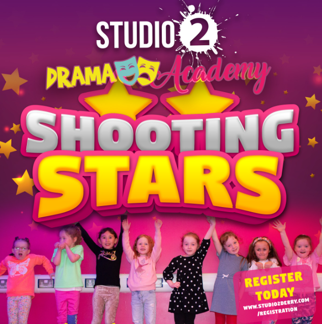 Poster for Studio 2 Drama Academy Shooting Stars program featuring children and theater masks.