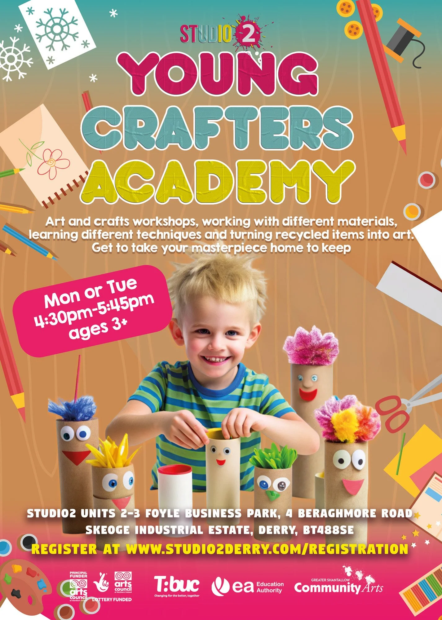 Flyer for Studio 2 Young Crafters Academy, showing a smiling boy with craft projects made from toilet paper rolls decorated with googly eyes, paper, and yarn. Includes event details, location, age group, schedule, and registration info.