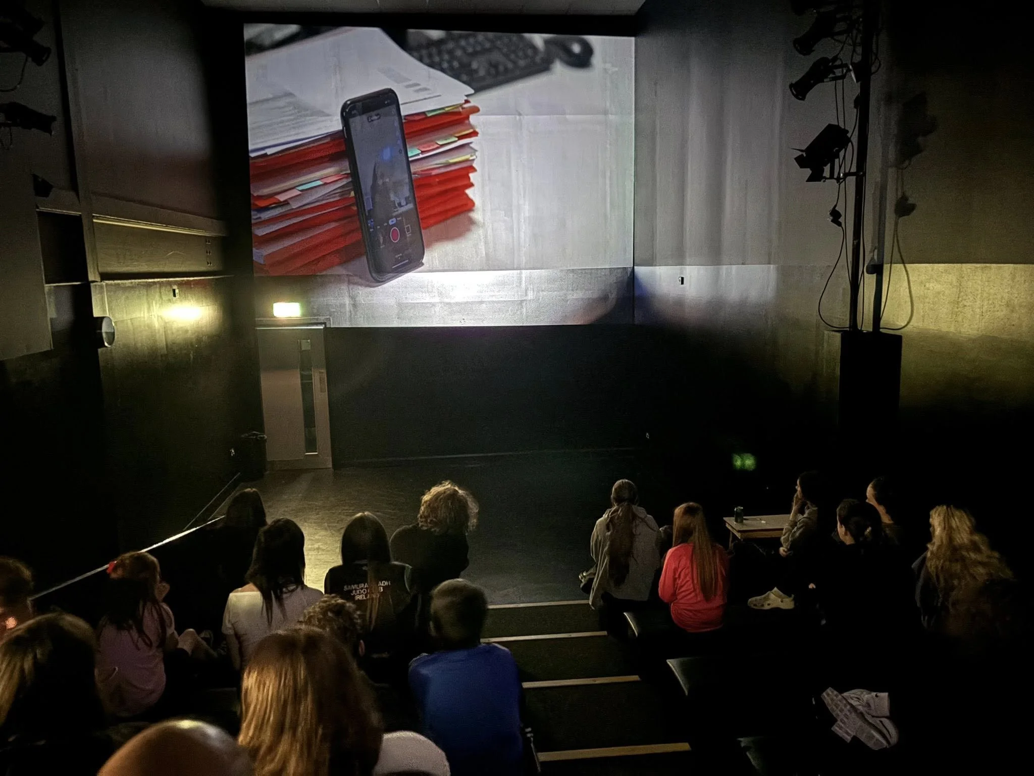 Audience watching a large projection screen in a dark theater or lecture hall.