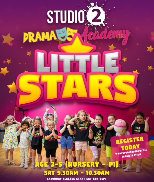 Poster for Studio 2 Drama Academy's Little Stars program with children on stage, colorful text, and registration info.
