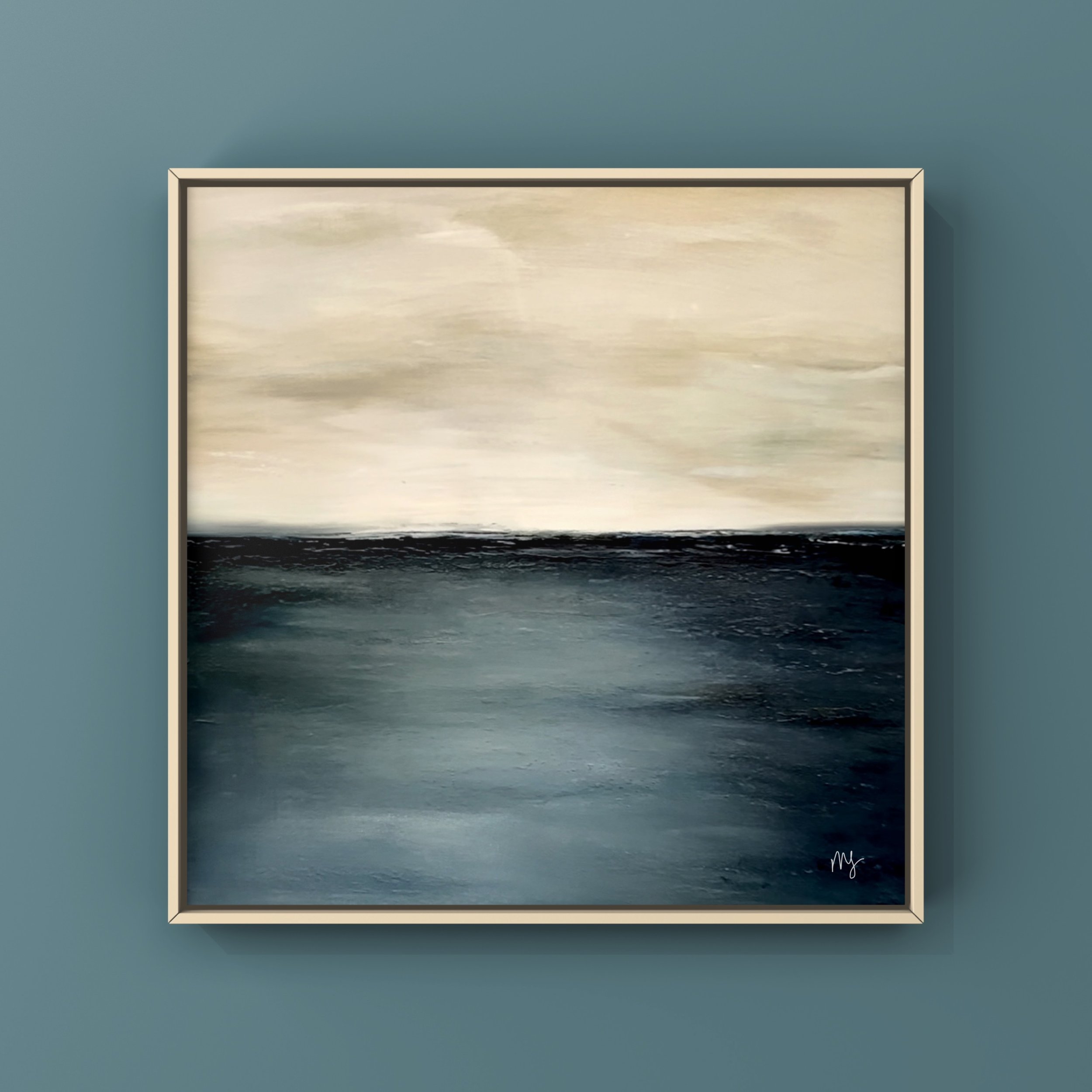 Abstract painting of ocean waves in soft, muted colors, framed and hanging on a teal wall.