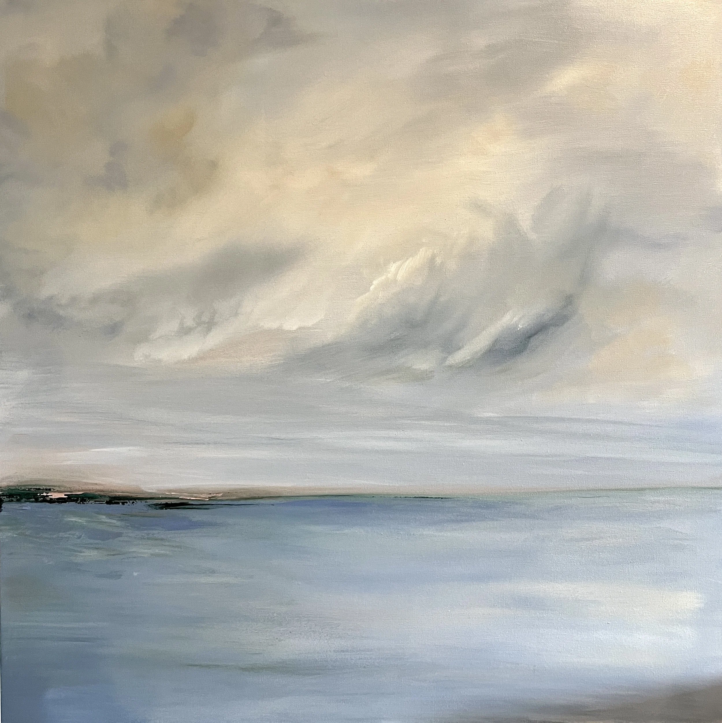 A painting depicting a landscape scene with a cloudy sky over a body of water.