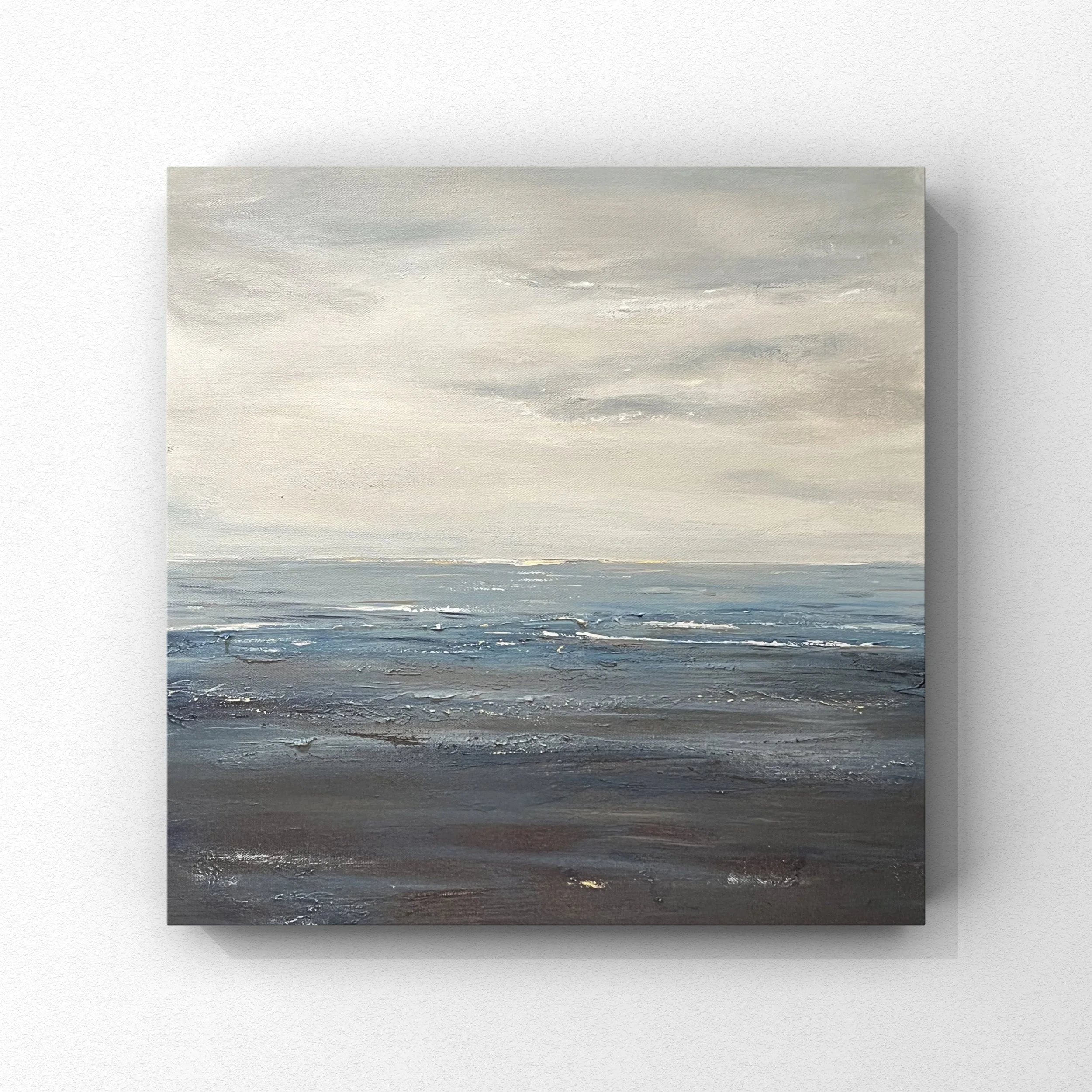 An abstract painting with horizontal brush strokes in shades of white, gray, and black, resembling a seascape or sky.