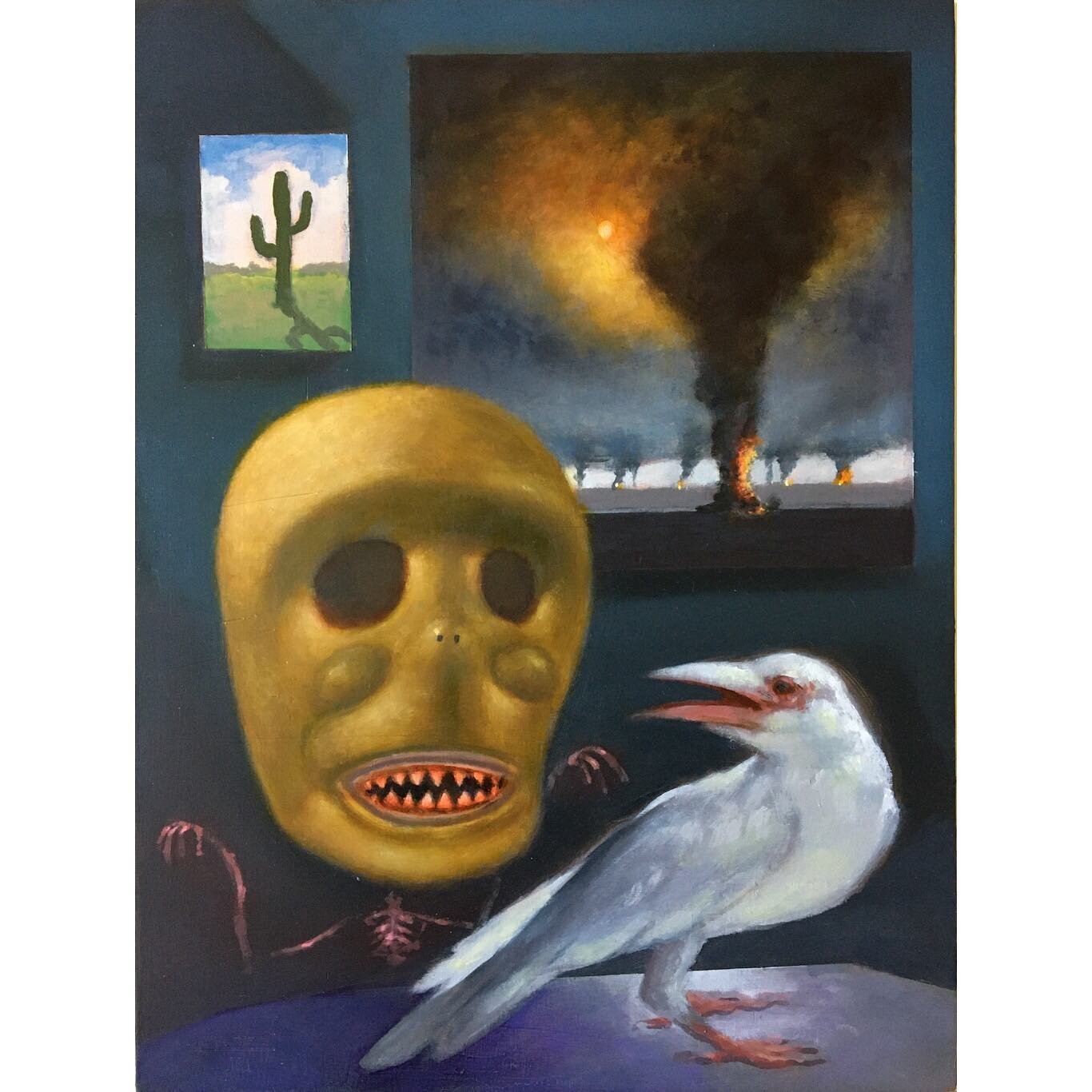We Are Not Listening. Oil on wood panel 9x12 inches.
.
.
.
.
.
.
#crow  #albino #mask #oilfire #saguaro #oilpainting #strangeart #weirdart #lowbrowpopsurrealists #newcontemporaryart #oddart #surrealism