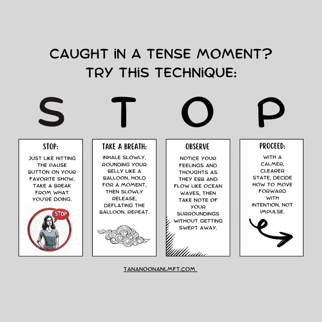Feeling overwhelmed? Hit pause with the STOP technique 🛑✨&mdash;a simple yet powerful way to manage stress and emotions. Like and follow for more mindfulness strategies. Empower yourself to stay grounded and make mindful choices, no matter the waves