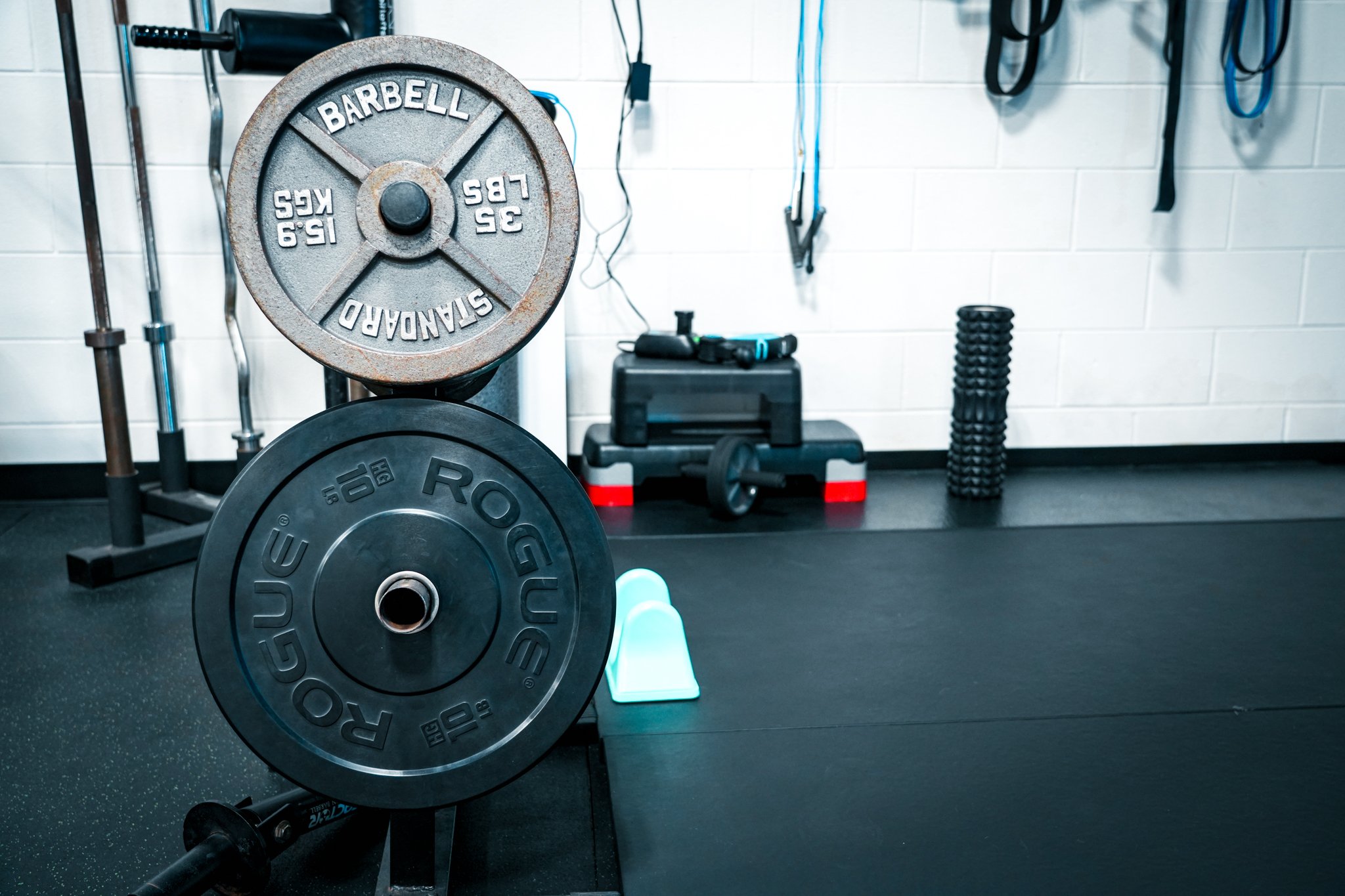 Strength and Conditioning at Movement Art Jit-Jitsu. Steel plates and Rogue bumper plates.