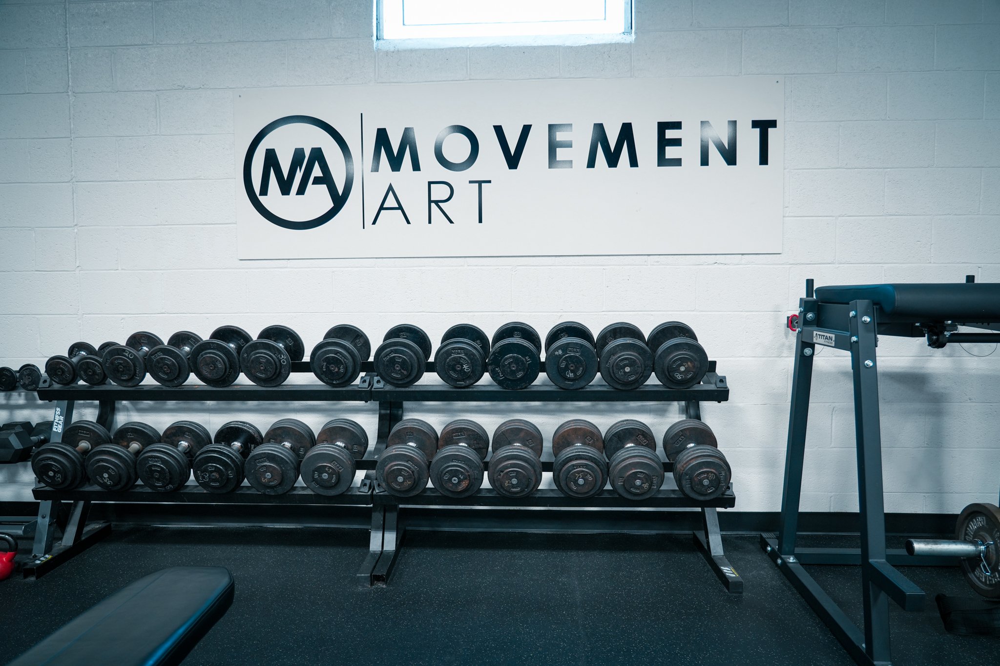 Strength and Conditioning at Movement Art Jit-Jitsu. Dumbbell rack and reverse hyper machine.