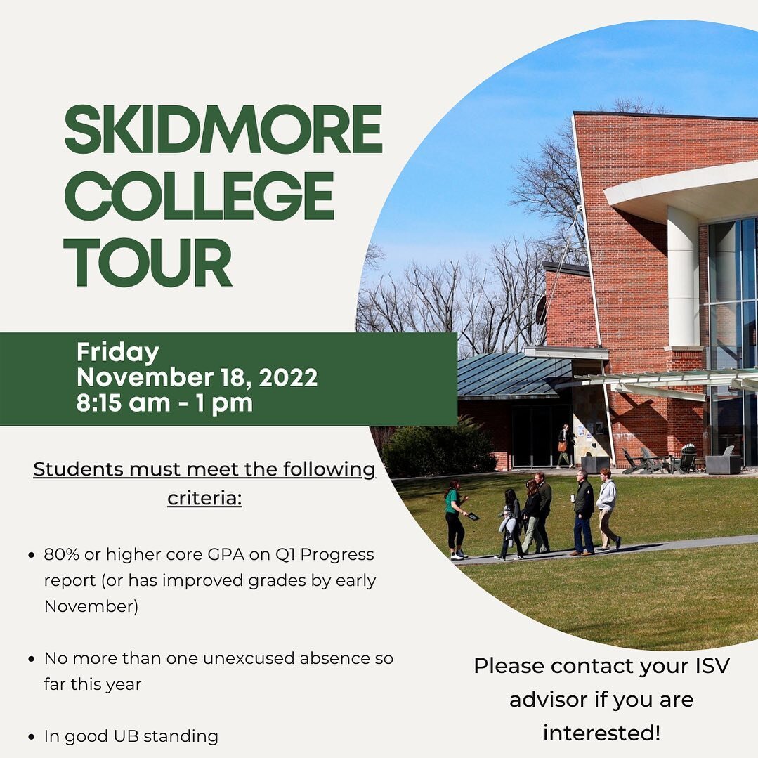 Skidmore College Tour!

This event if first come first serve, so please reach out to your ISV advisor ASAP if you are interested in attending or if you have any questions!