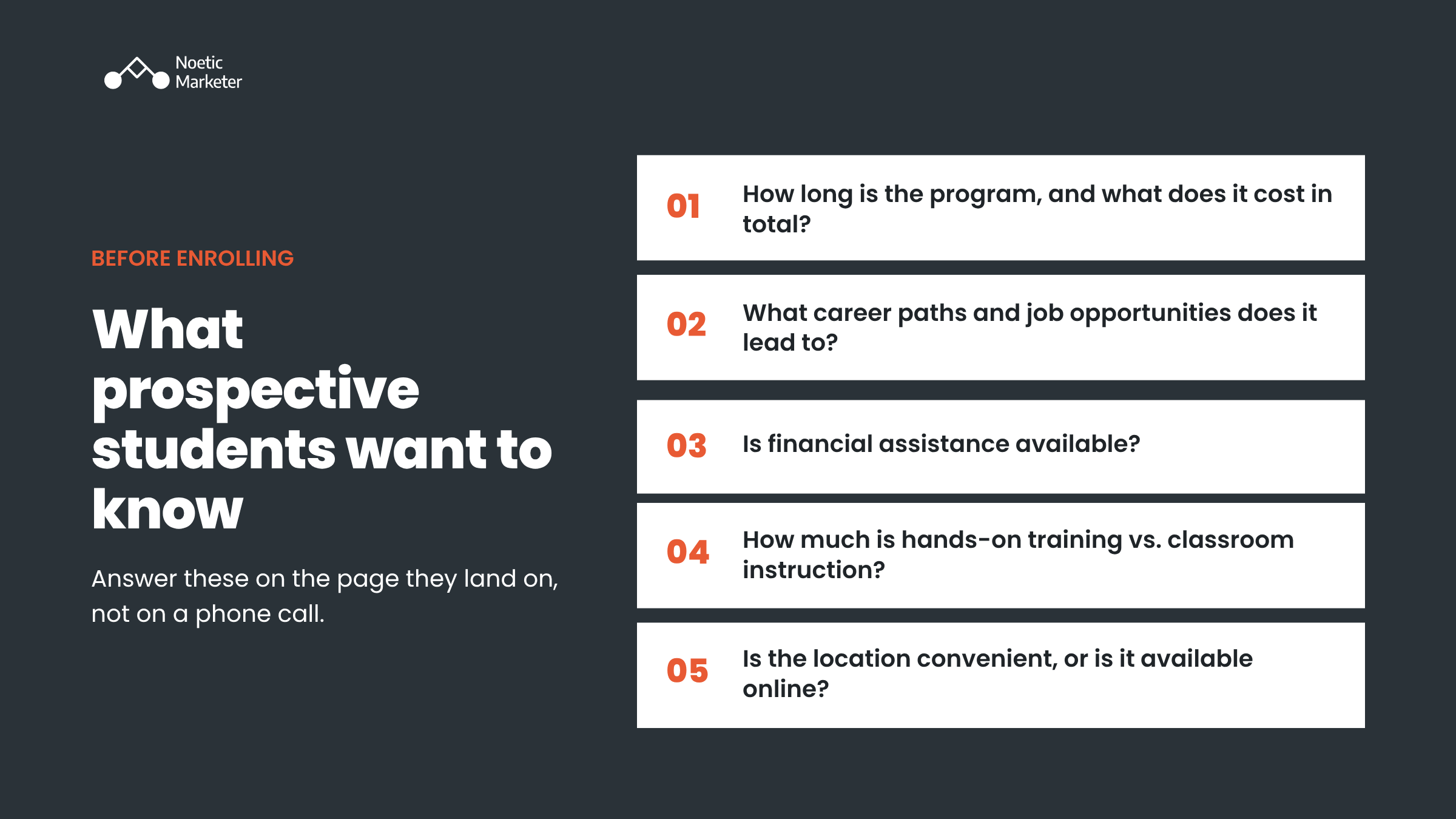 List of 5 key questions prospective students ask before enrolling, including cost, career paths, financial aid, hands-on training, and online options.