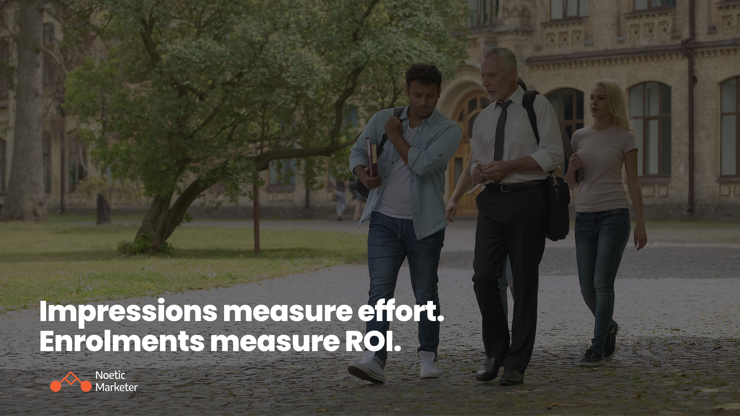 Higher education digital marketing graphic showing a professor and university students walking on campus, featuring text overlay "Impressions measure effort. Enrolments measure ROI" by Noetic Marketer.