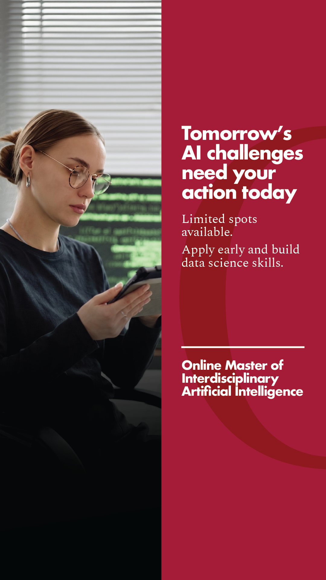 Vertical story ad for uOttawa's Online Master of Interdisciplinary Artificial Intelligence featuring a student working on a tablet.