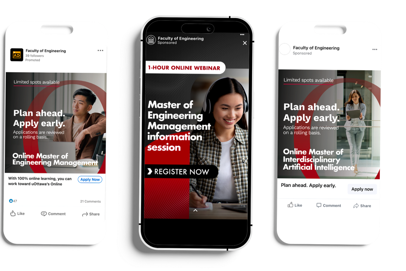 Three smartphone mockups showcasing social media ad campaigns for uOttawa's Faculty of Engineering, promoting the online Master of Engineering Management webinar and the online Master of Interdisciplinary Artificial Intelligence program.