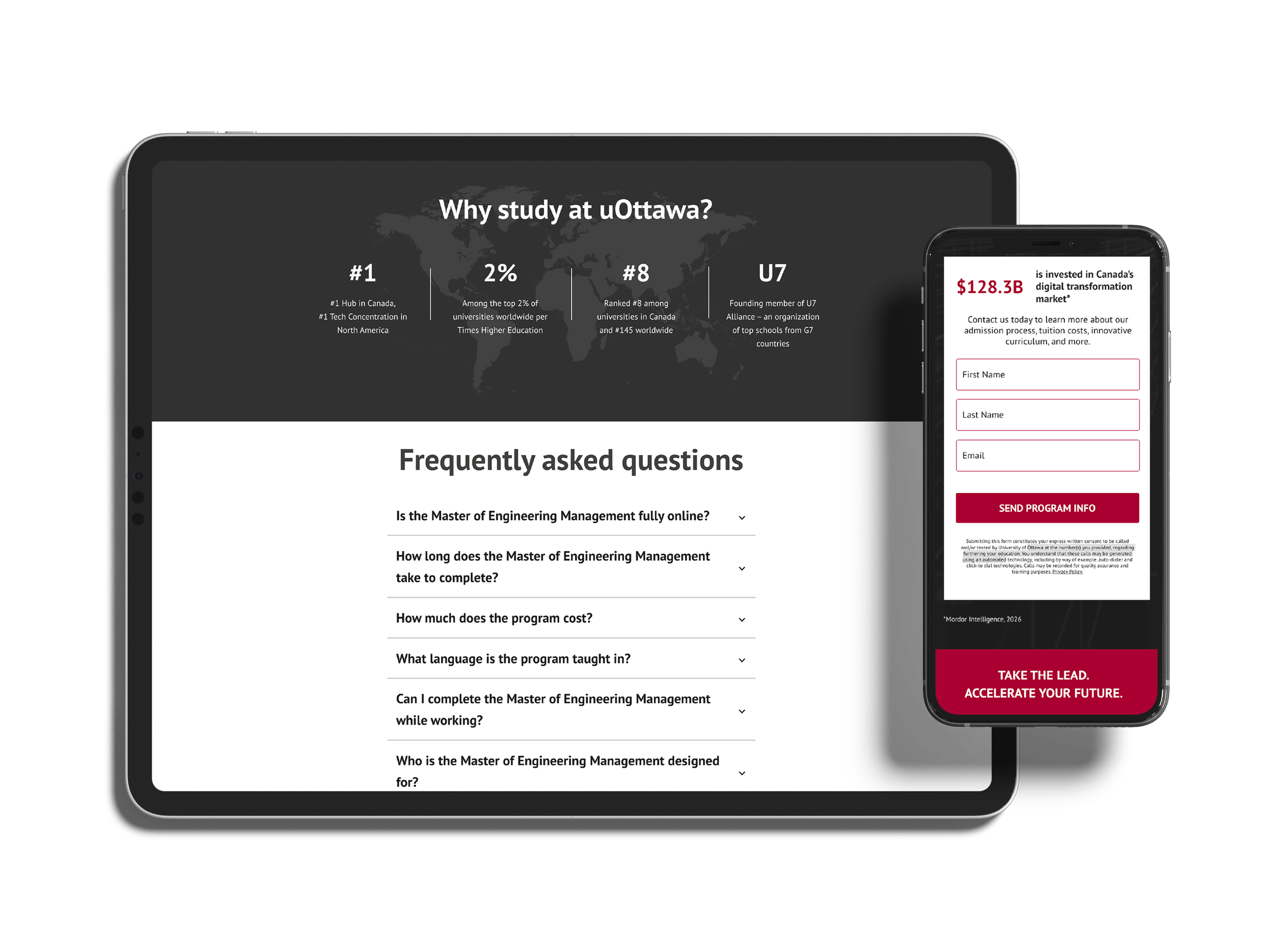 Tablet and mobile mockups displaying the University of Ottawa online Master of Engineering Management landing page, highlighting key university statistics, an FAQ section, and a mobile lead generation form.