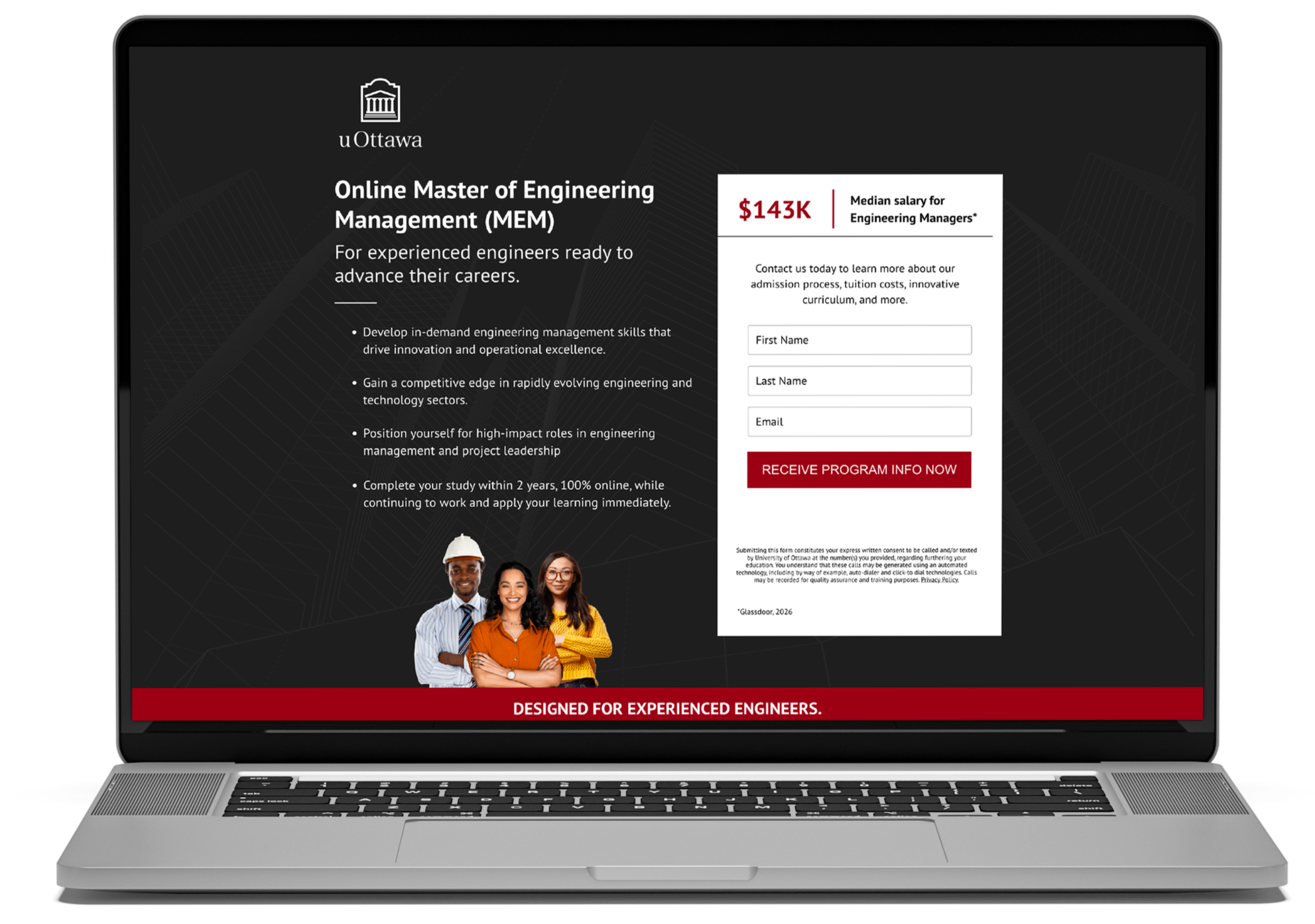 Laptop mockup displaying the desktop landing page for the University of Ottawa Online Master of Engineering Management (MEM), featuring program benefits, an engineer photo, and a lead capture form with a $143K median salary callout.
