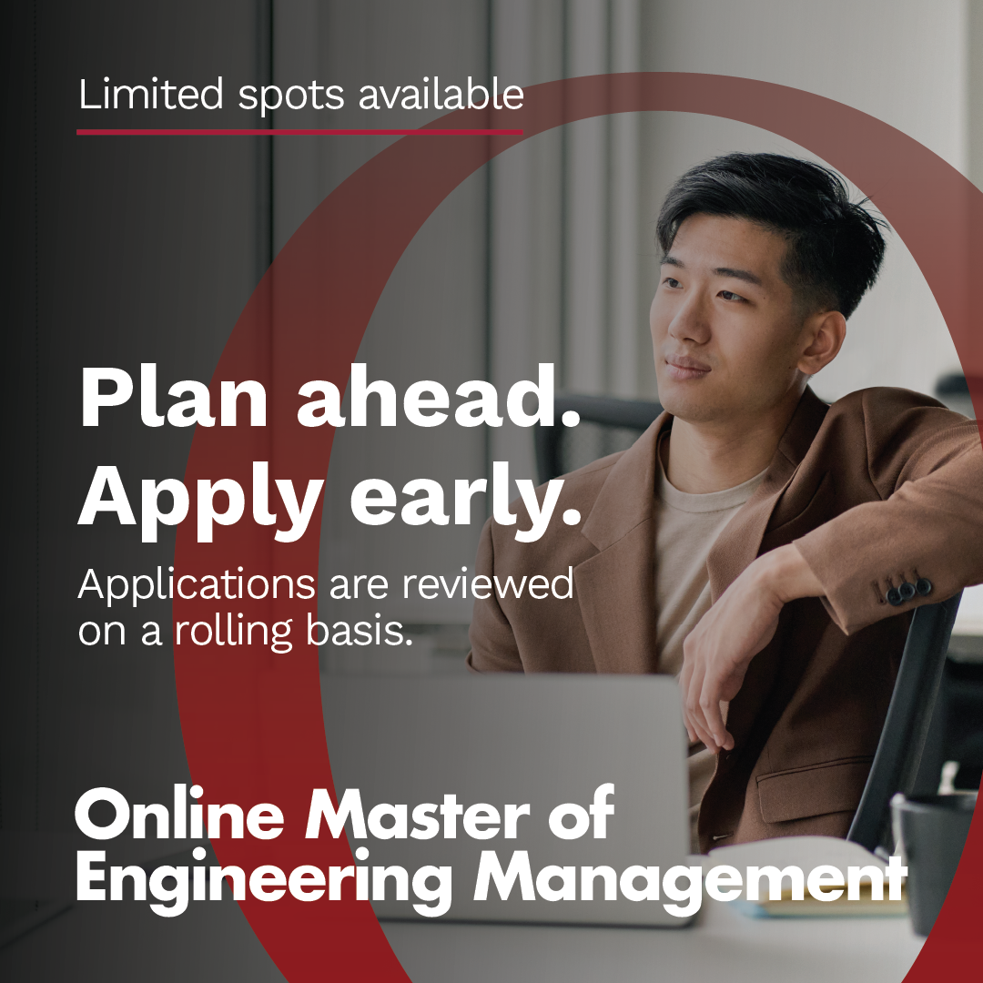 Square digital ad for uOttawa’s Online Master of Engineering Management, showing a professional at a laptop alongside copy reading: "Limited spots available. Plan ahead. Apply early."