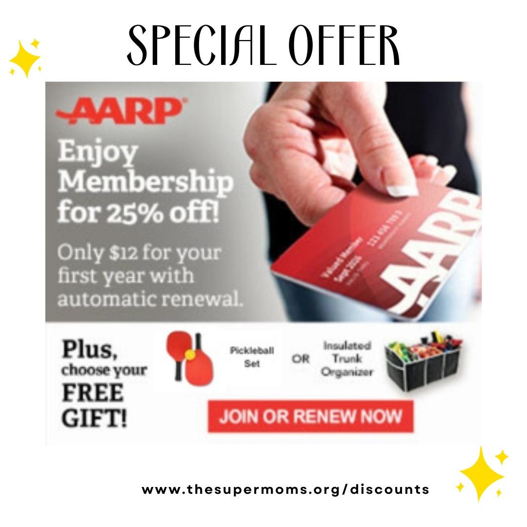 So much great stuff for families. Don&rsquo;t forget, AARP is not just for older adults, most deals are available to age 18+.

Supermoms get a 1-year membership for just $12 + a Free Pickleball Gift Set!

Join now at www.thesupermoms.org/discounts