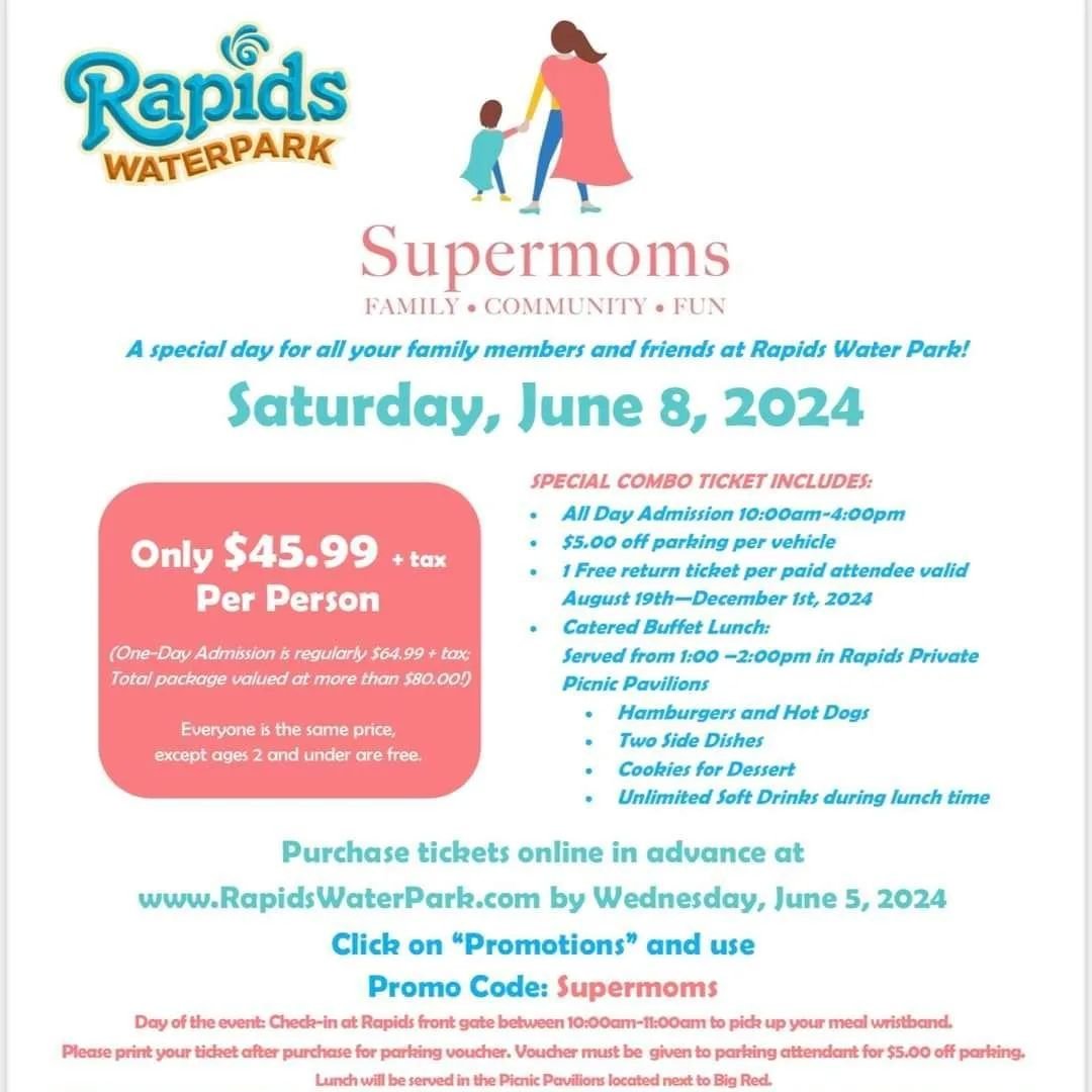 Kids will be out of school and it will be hot! Grab the sunblock and join us for some fun in the sun! 

We have a great deal, but space is limited so reserve your spot today! We need 50 guests for this group rate. 

And for our Supermoms group, enjoy