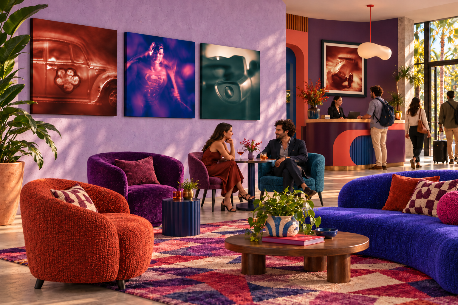 A colorful hotel lounge with childhood toy photographs by Mark Robert Halper.