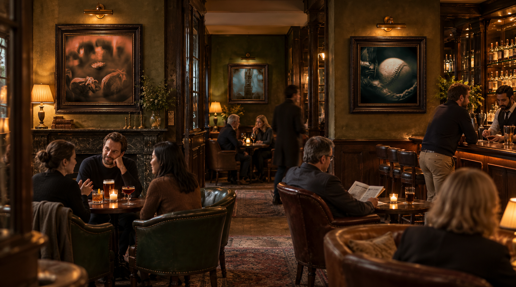 Photographs of elephants, a glove and a clock tower in a warm, intimate bar.