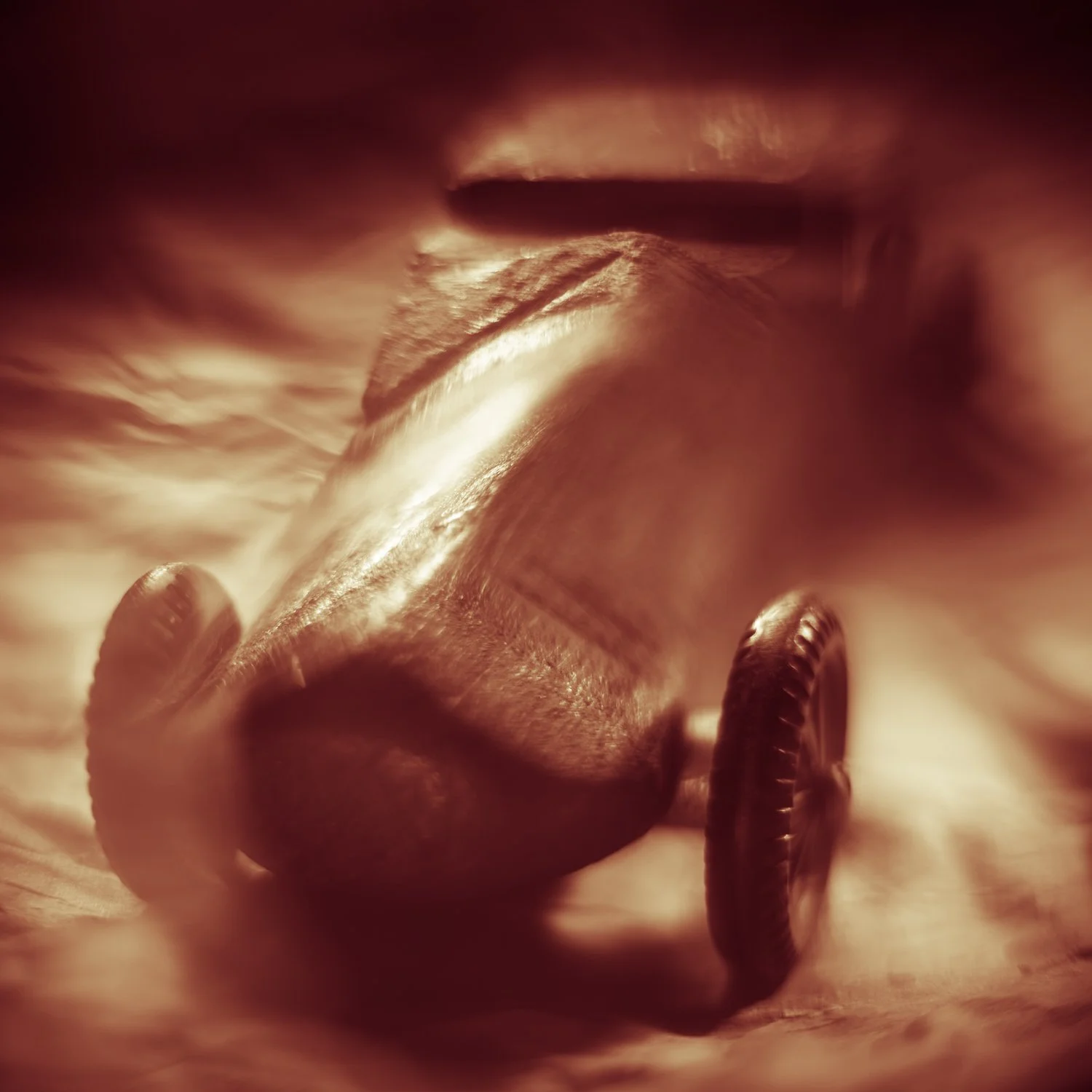 A small wooden toy car photographed by Mark Robert Halper in warm red and golden light.