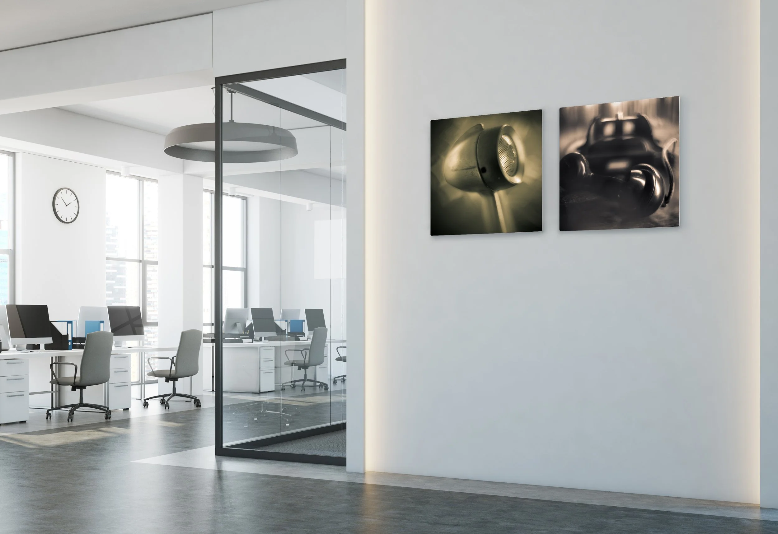 Telephone and microphone photographs in a contemporary office.